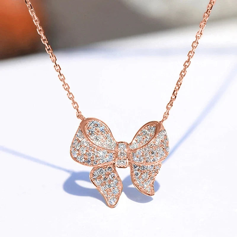 Huitan Dainty Bow Pendant Necklace | Cubic Zirconia Women