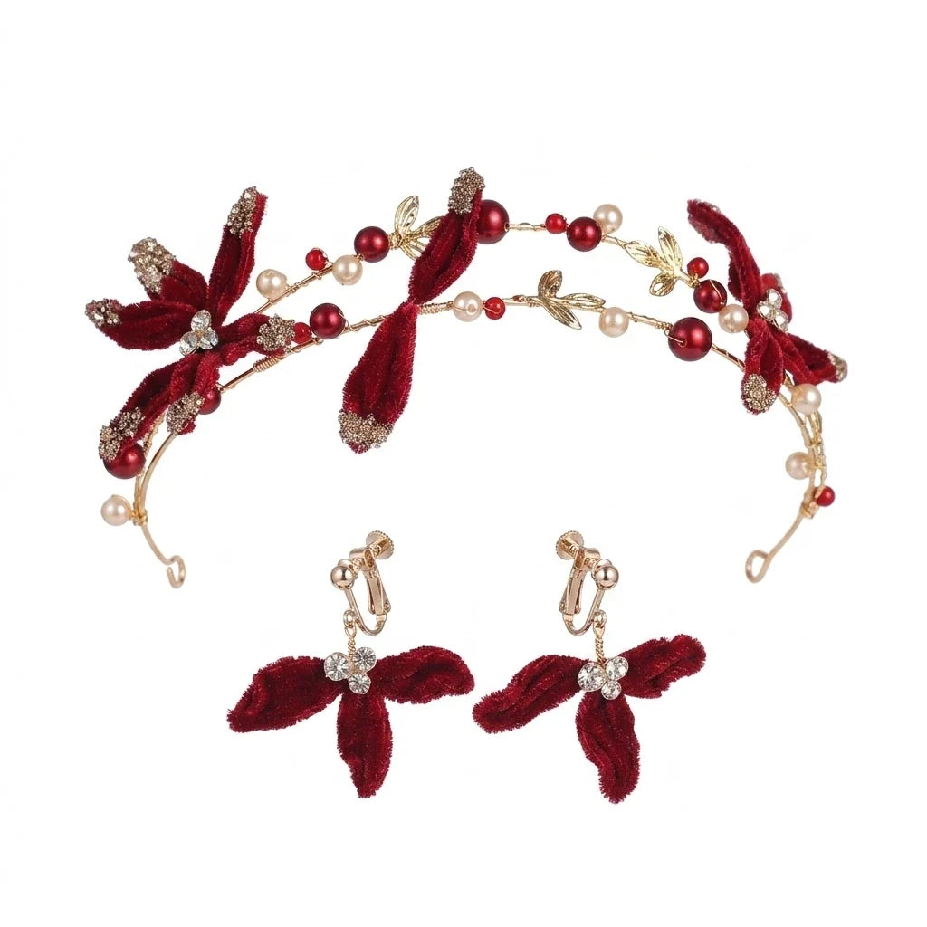 Red Velvet Bridal Headband & Earring Set | Chinese Wedding
