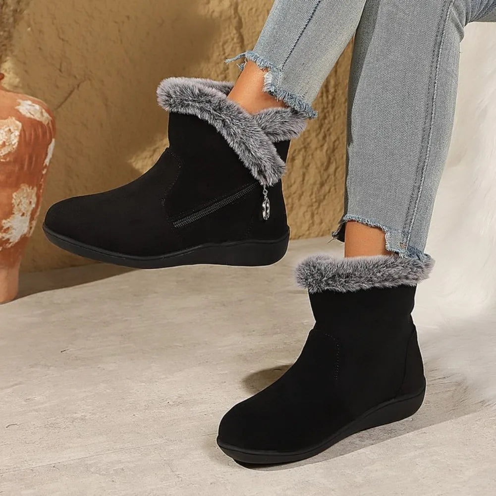 Women's Warm Plush Ankle Snow Boots – Zipper Flat Winter Shoes