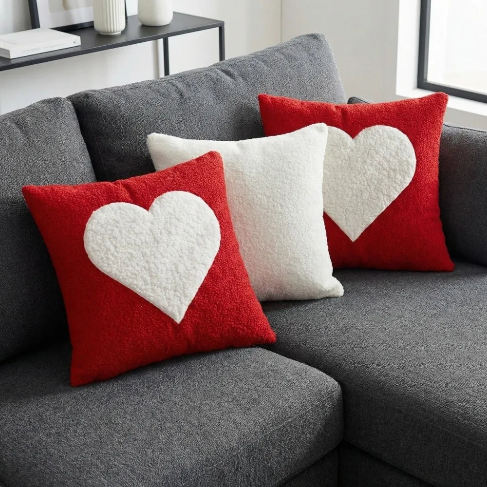 Heart Pattern Embroidered Throw Pillow Cover 45cm – Red & White