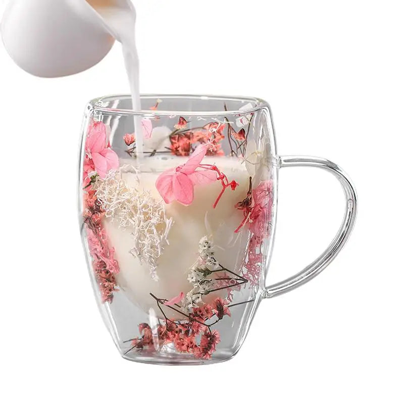 Double Wall Glass Cup Dried Flowers Anti-scalding Mug Coffee Milk