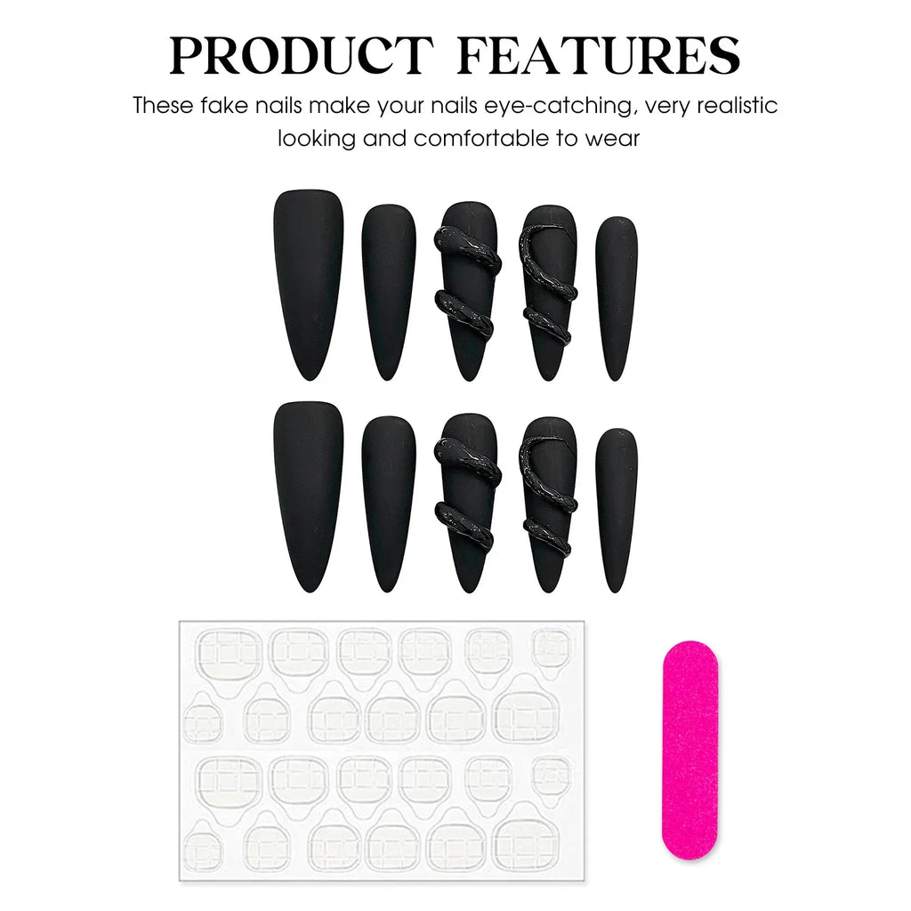 Matte Black 3D Almond Press On Nails – Punk Y2K Style 10pcs