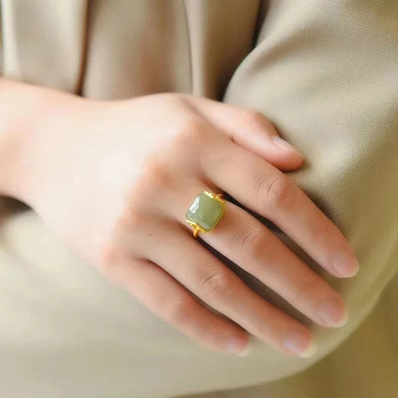 Vintage Auspicious Clouds Imitation Jade Adjustable Ring Women