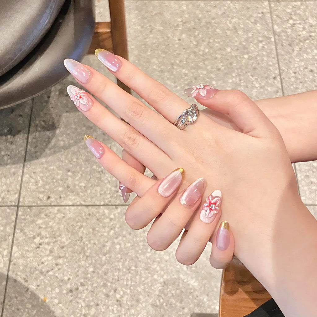 Press-On Nails Cat Eye Almond | Pink Flower Pearl Design