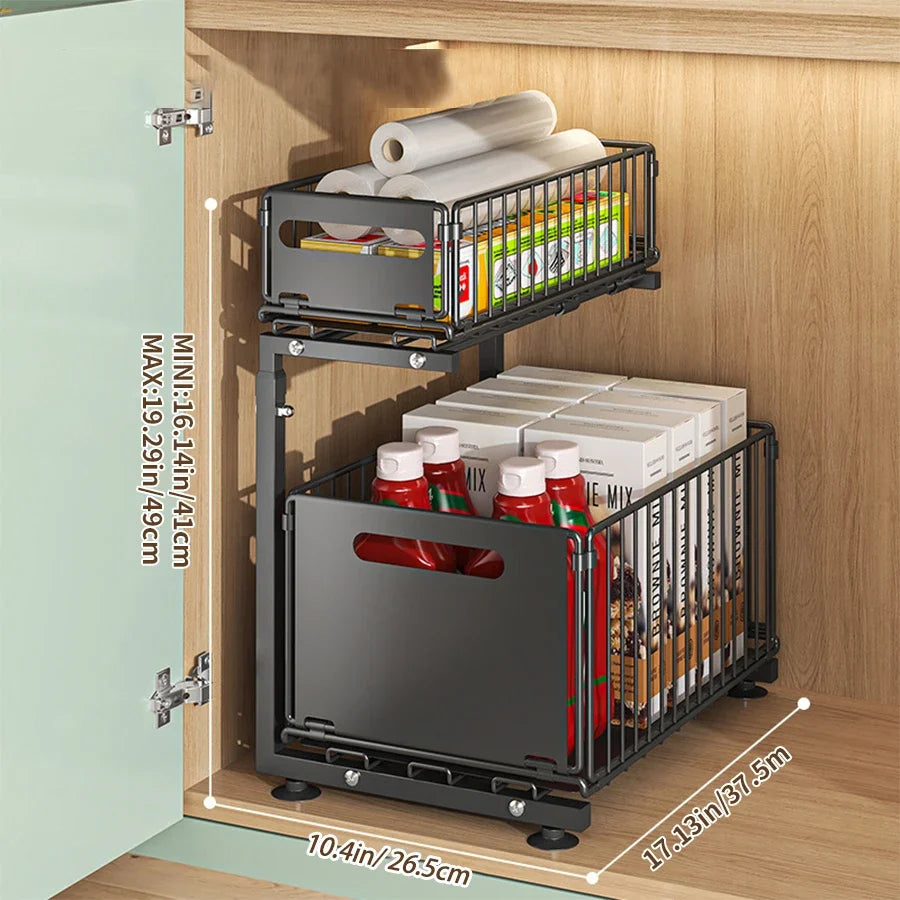 2-Tier Pull-Out Under Sink Organizer | Adjustable Sliding Shelf
