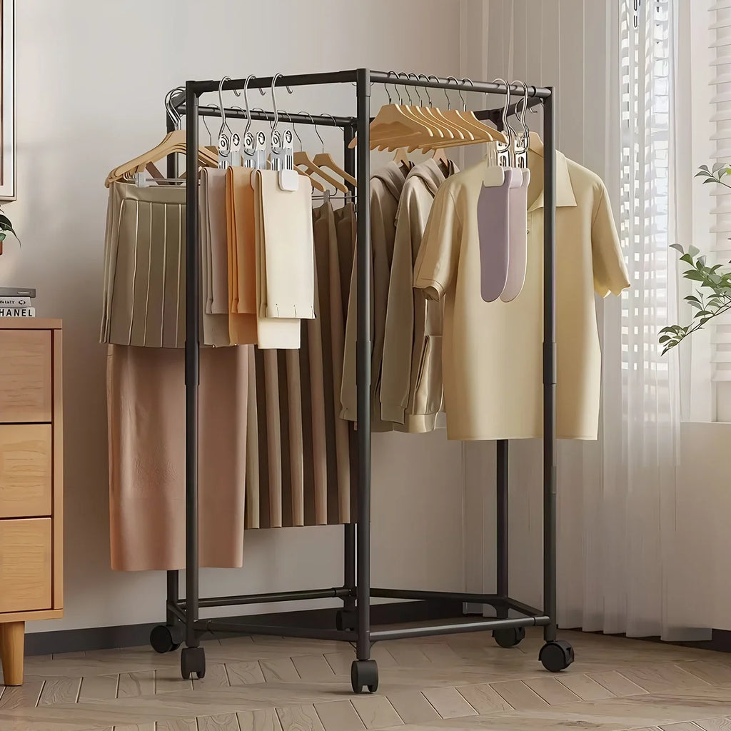 Freestanding 6-Bar Clothes Rack with Wheels & Shelves | Steel