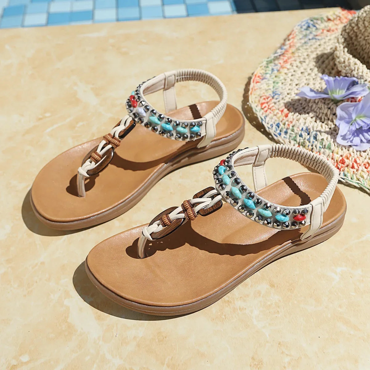 Bohemian Bead Gladiator Sandals – Women's Flat Beach Shoes