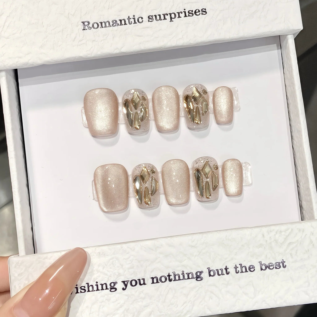 Handmade Short Press Nails Sparkling Champagne Cat's Eye Fake Nail