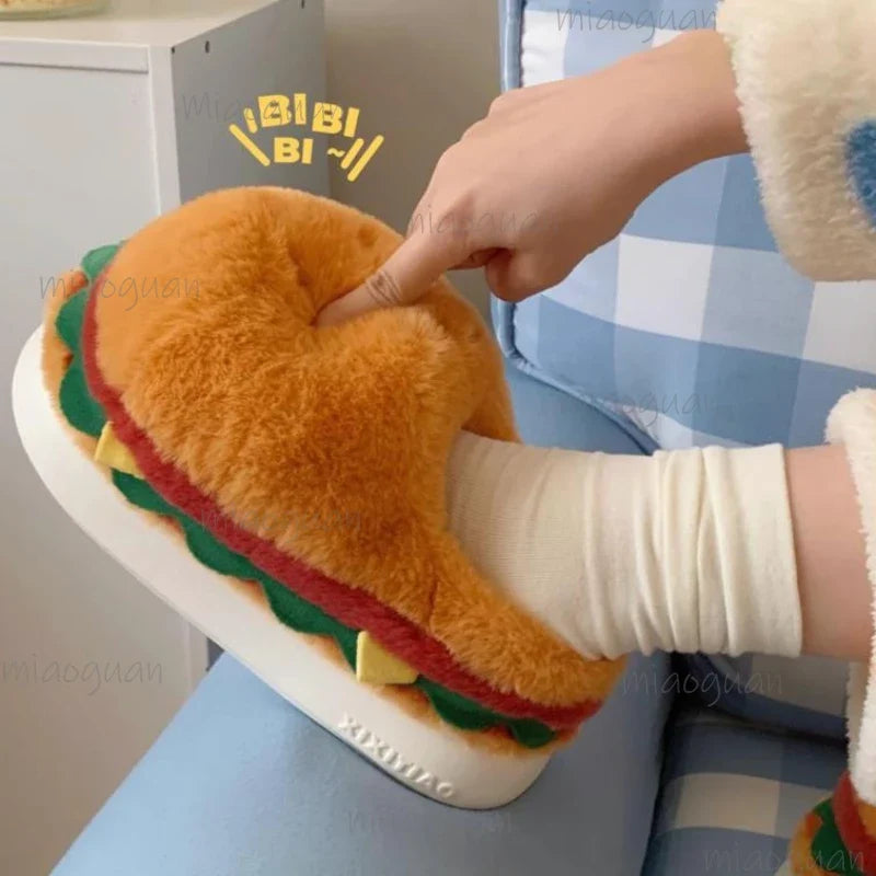 Women's Cartoon Hamburger Plush Platform Slippers | Fluffy