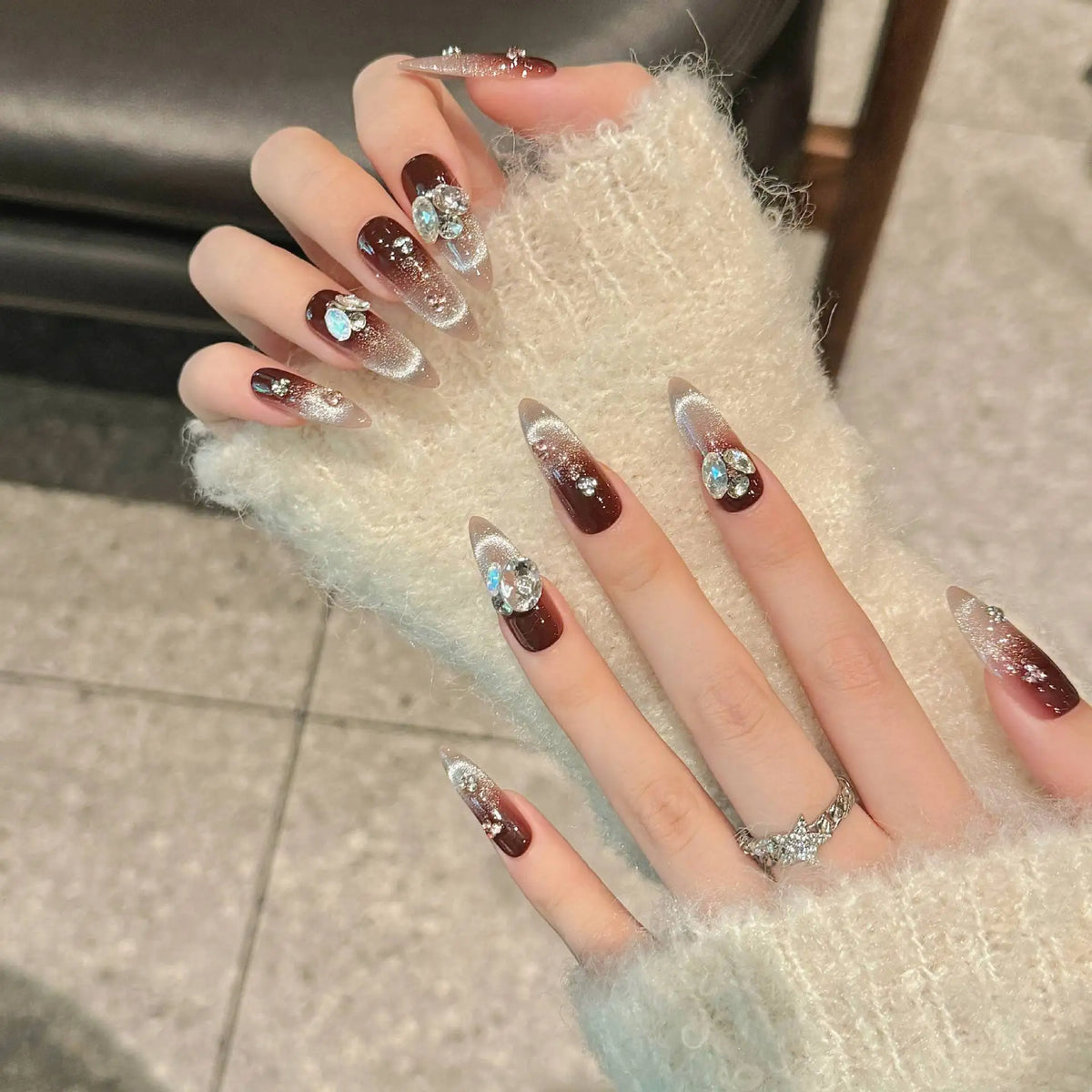 Handmade Press Nails Autumn Winter Sparkling French Cat Eye Fake