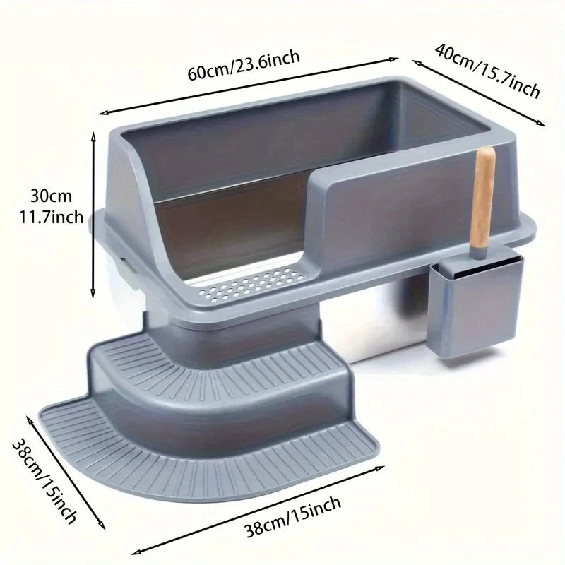 KEMORELA 20L Stainless Steel Cat Litter Box with Stair Foot Pad