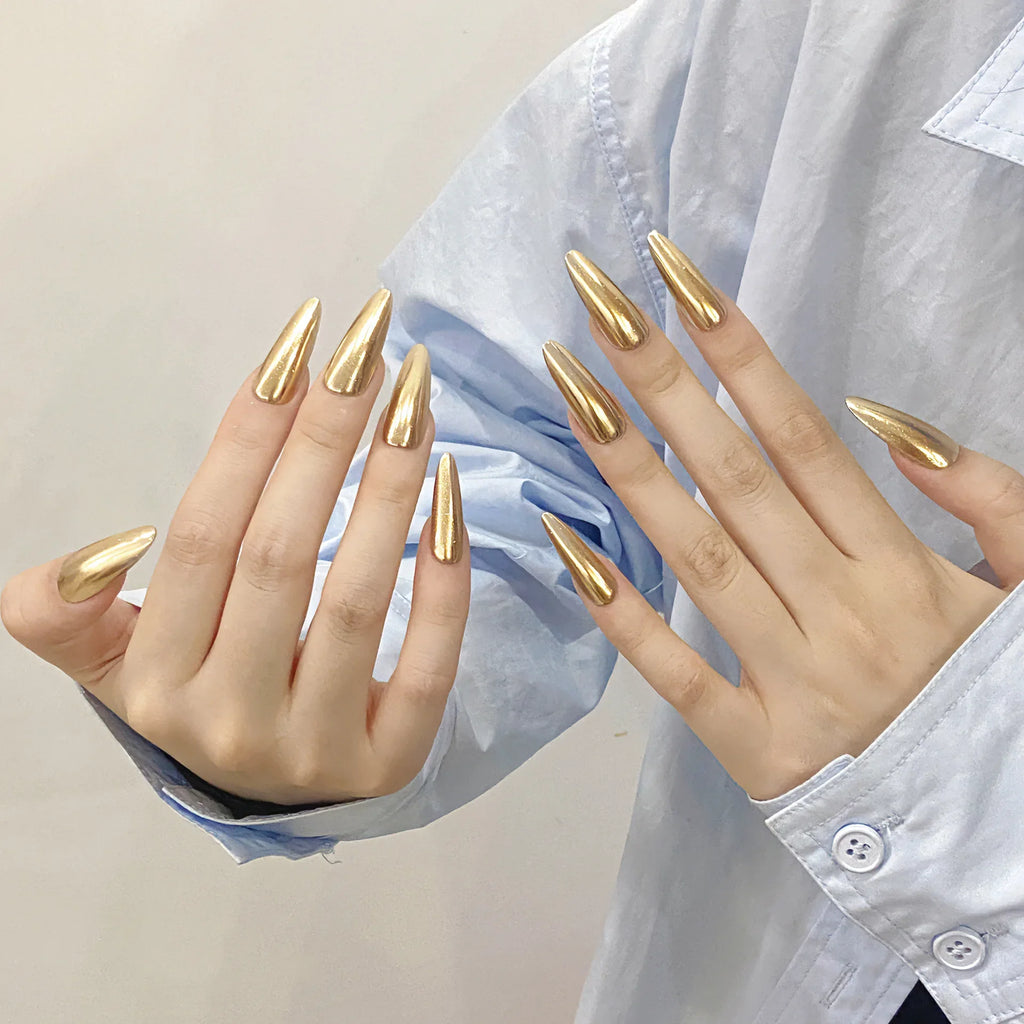 Champagne Gold Mirror Press-On Nails | Almond Reusable Set