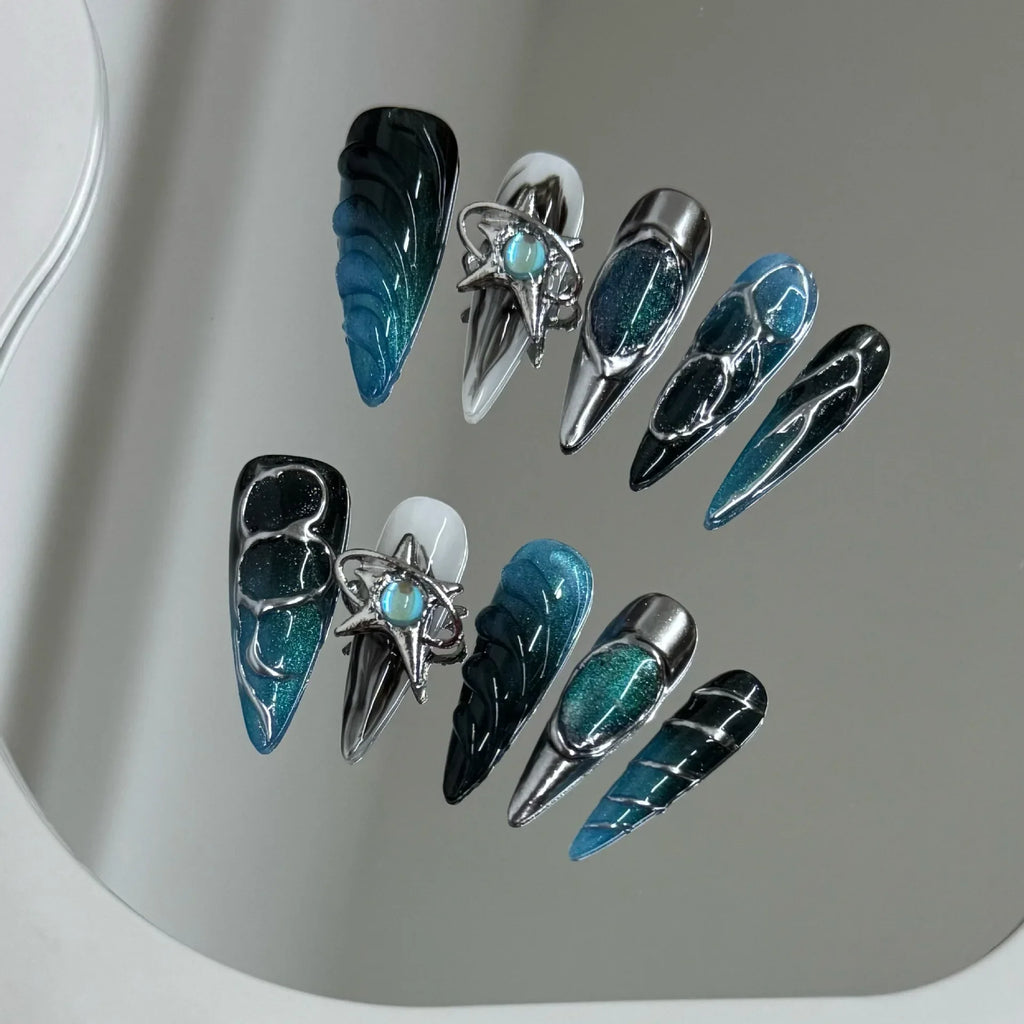 Gothic Punk Press On Nails Dark Blue Silver | 10pcs Set