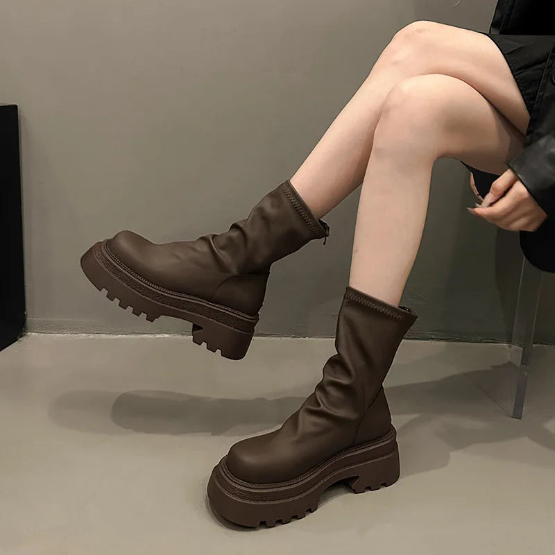 Women's Platform Chelsea Ankle Boots – Stacked Heel, Brown & Black