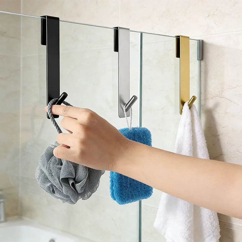Drill-Free Glass Door Hooks – Stainless Steel Bathroom Storage