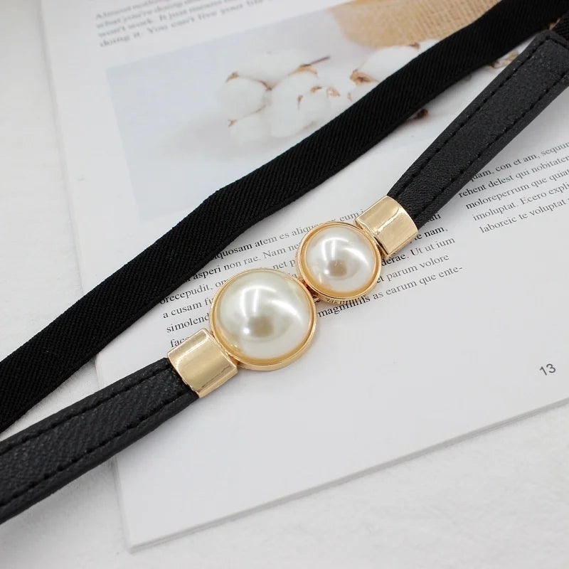 Pearl Buckle Elastic Waist Belt – PU Leather Women's Thin Belt