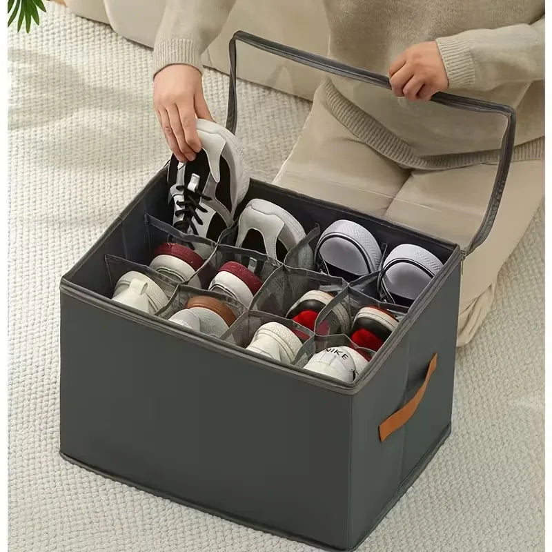 12-Grid Foldable Shoe Organizer Clear Window Handle Collapsible