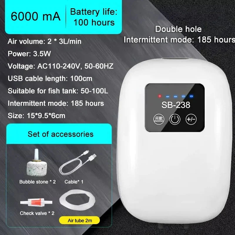 Portable Rechargeable Aquarium Air Pump 6000mAh USB Silent