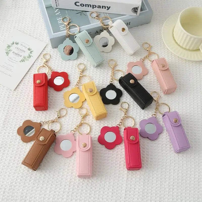 PU Leather Lipstick Holder Keychain with Flower Mirror
