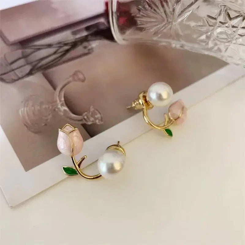 Huitan Pink Rose Stud Earrings with Imitation Pearl | Women