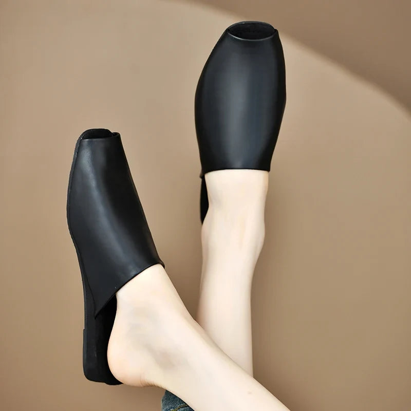 Women's Peep Toe Mule Slides – Faux Leather Low Heel Sandals