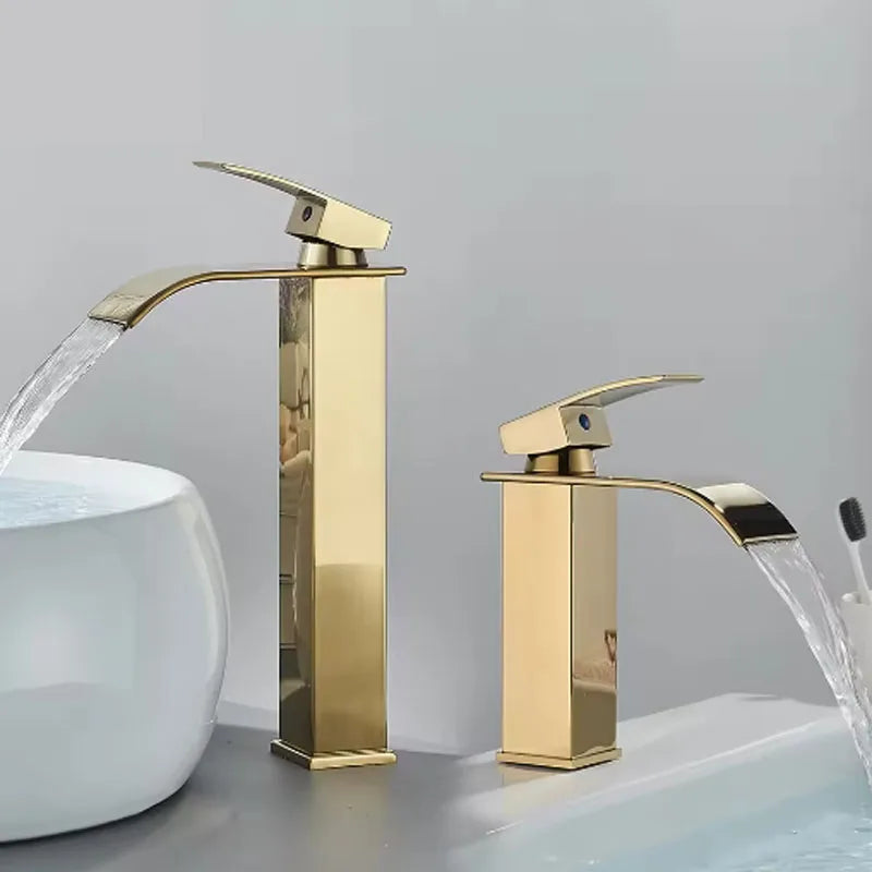 Brushed Gold Waterfall Bathroom Faucet | Single Handle Deck Mount