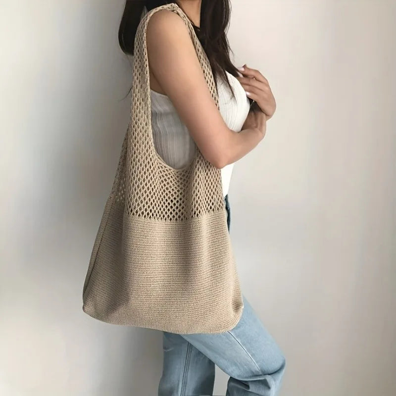 2026 Women's Knit Shoulder Bag Solid Polyester Large Capacity Casual