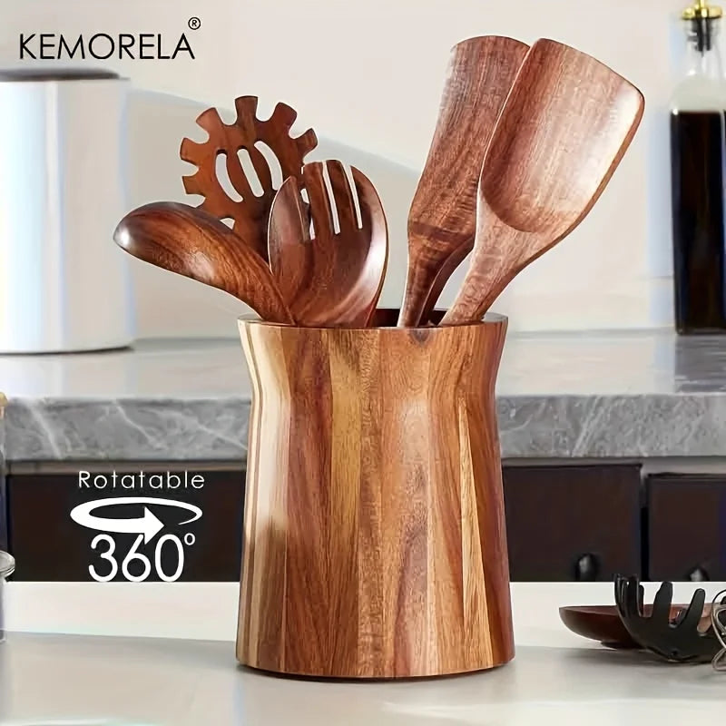 KEMORELA 360° Rotating Wooden Utensil Holder & Countertop Caddy