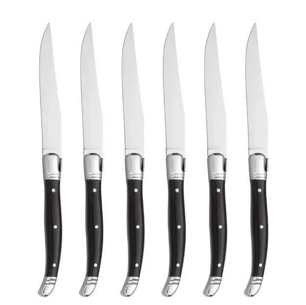 Laguiole Serrated Steak Knife & Fork Set | Black Handle Steel