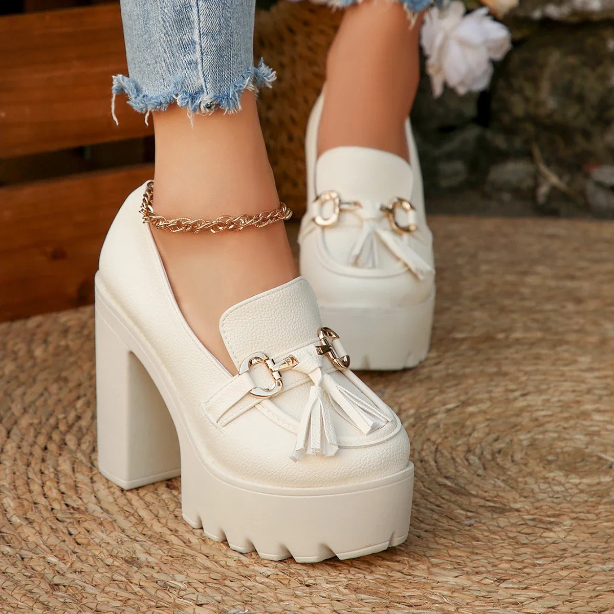 Women's Chunky High Heel Pumps – Tassel & Bowknot Party Shoes