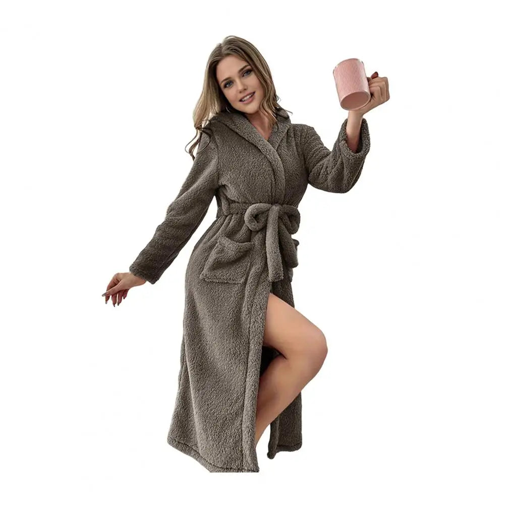 Women's Plush Hooded Fleece Bathrobe with Belt & Pockets