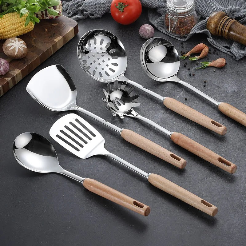 6-Piece Wooden Handle Stainless Steel Kitchen Utensil Set