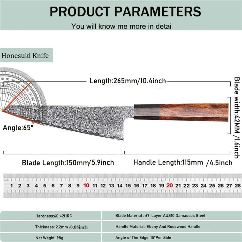 67-Layer Damascus Steel Honesuki Knife – Hand Forged Boning