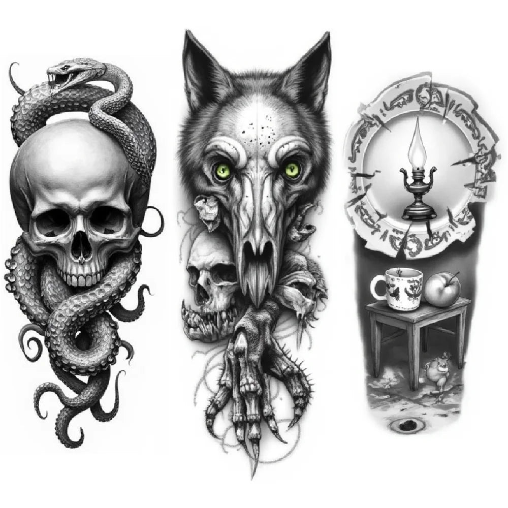 3-Pack Black & Grey Cobweb Rose Temporary Tattoos | Waterproof