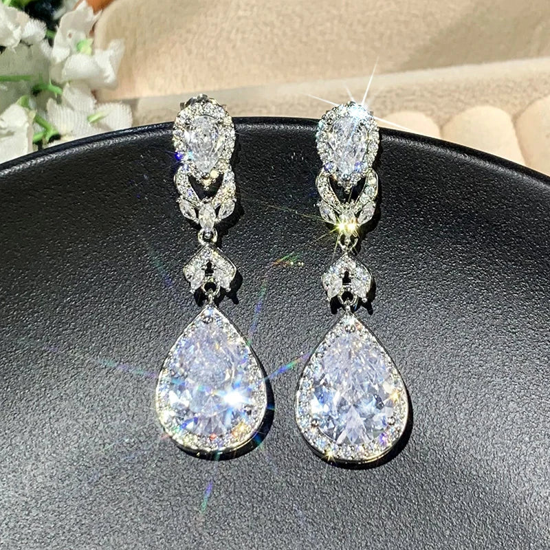 Huitan CZ Drop Earrings – Silver Elegant Wedding Jewelry