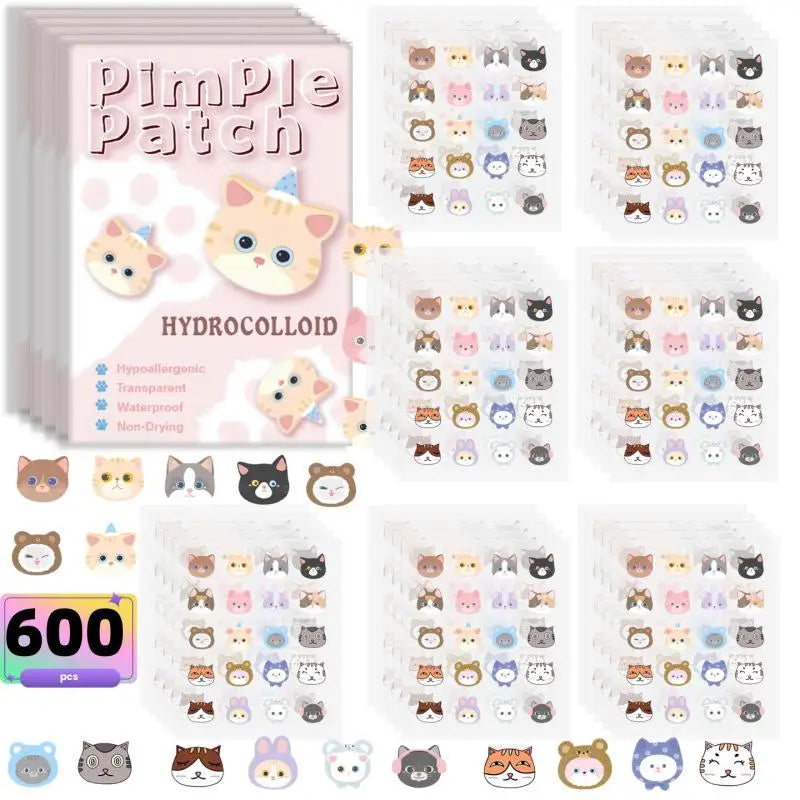 600 Cat-Shaped Hydrocolloid Acne Patches | Colorful Pimple Stickers