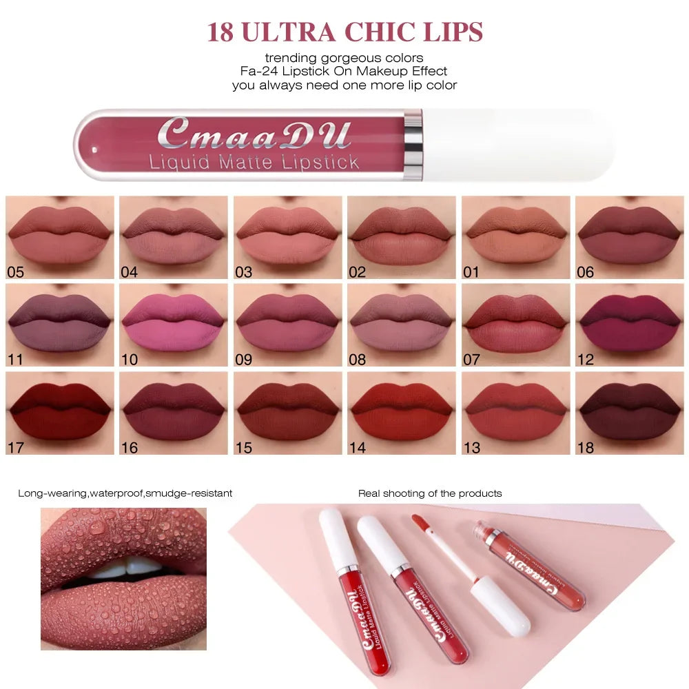 CMAADU 18-Shade Matte Waterproof Long-Lasting Lip Gloss