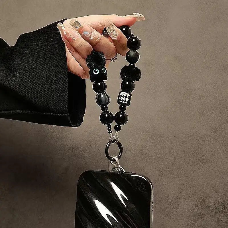 Luxury Black Fluffy Cat Phone Wrist Strap & Beaded Chain