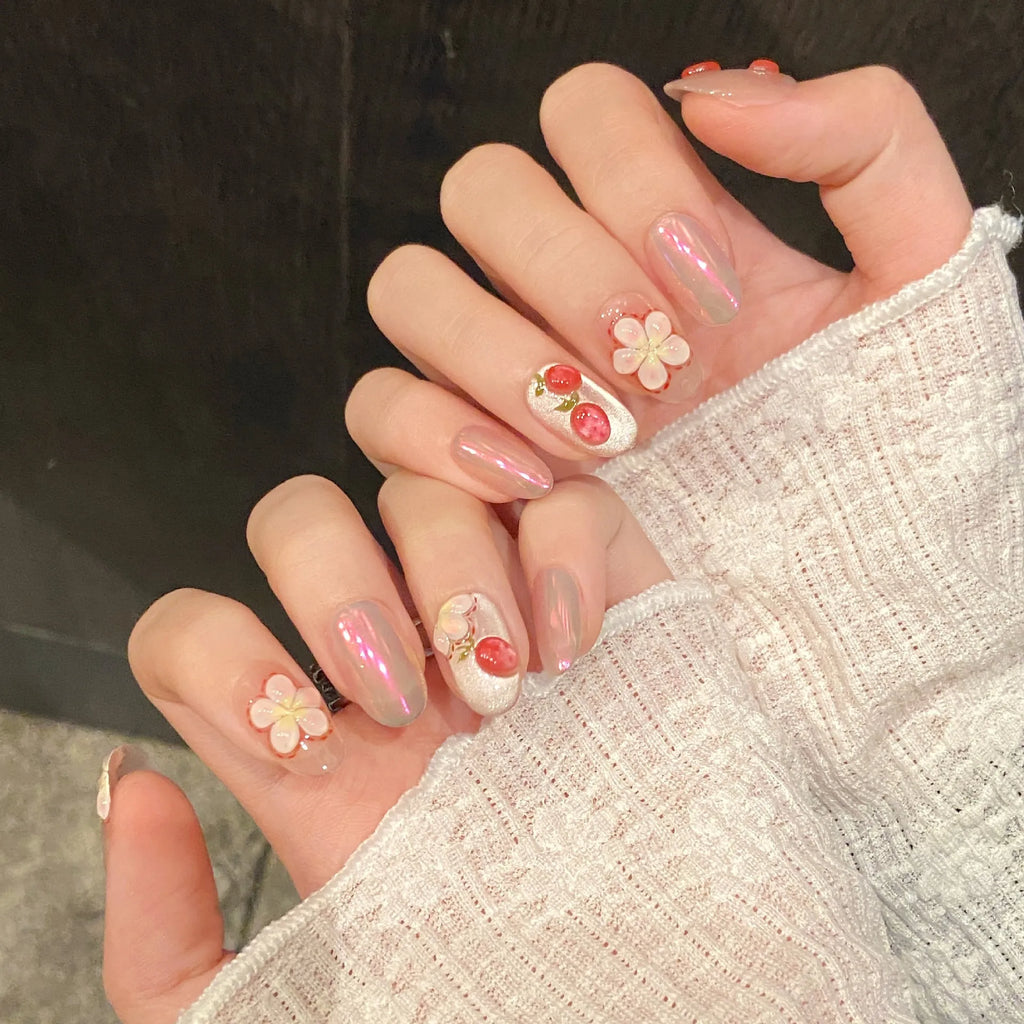 Handmade Press-On Nails 3D Strawberry Flower Aurora | 10 Pcs