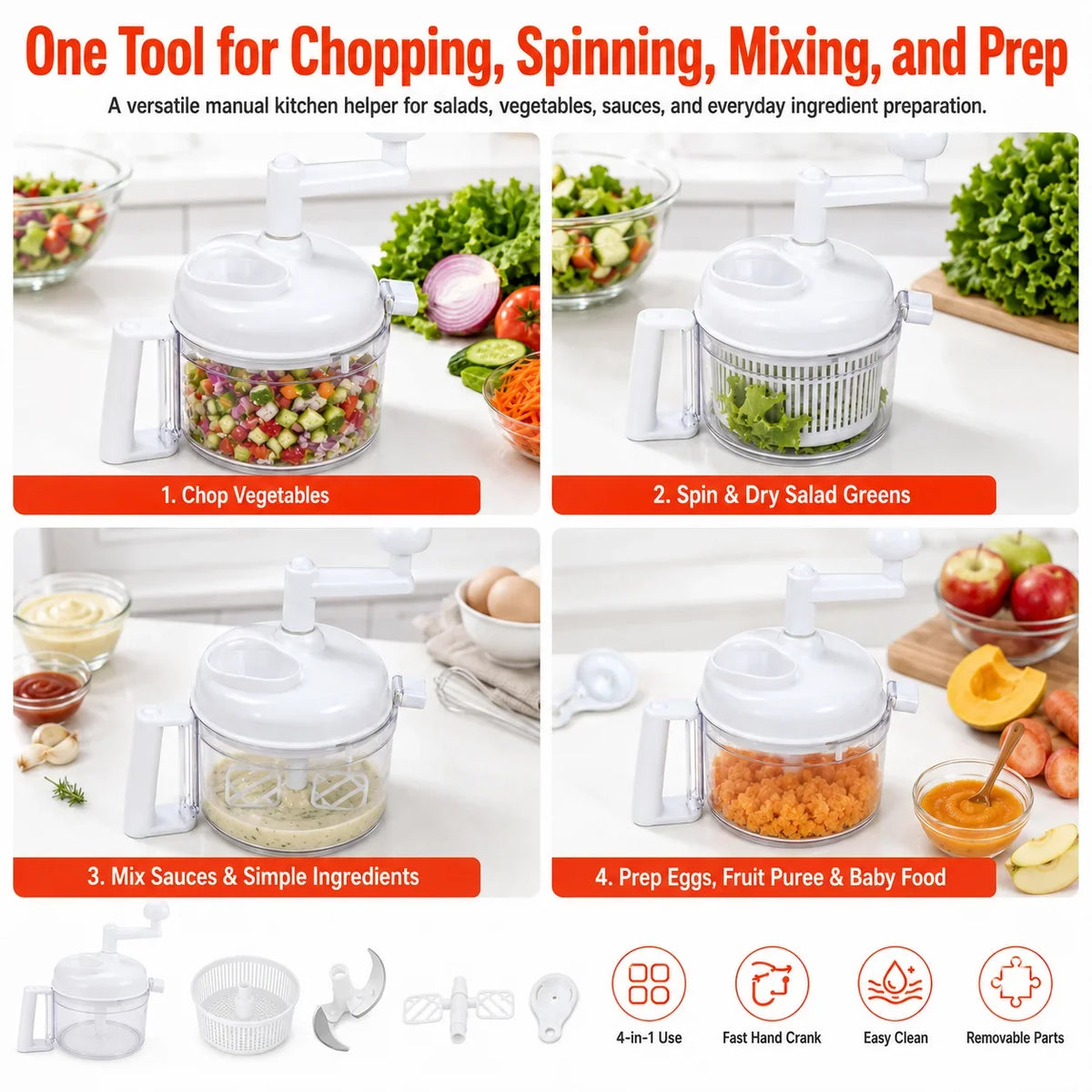 Manual Food Chopper Hand Crank – Vegetable Dicer & Salad Spinner