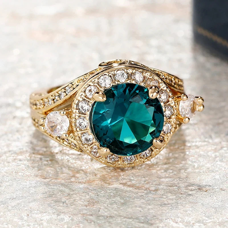 Huitan Green CZ Ring for Women – Gold-Tone Wedding Band | Size 5–14