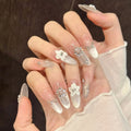 3D Cat's Eye Press-On Nails | Glitter French Tips 10pcs