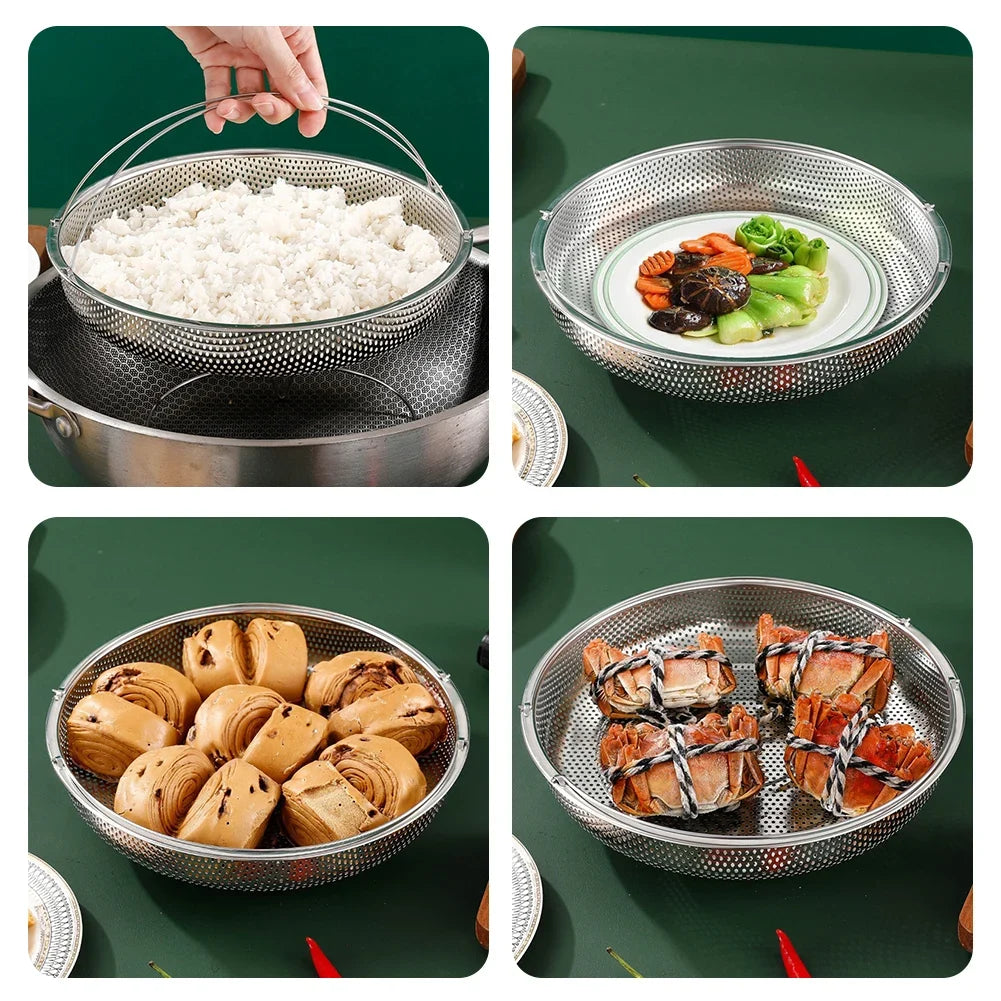Stainless Steel Steaming Tray & Drain Basket with Handles