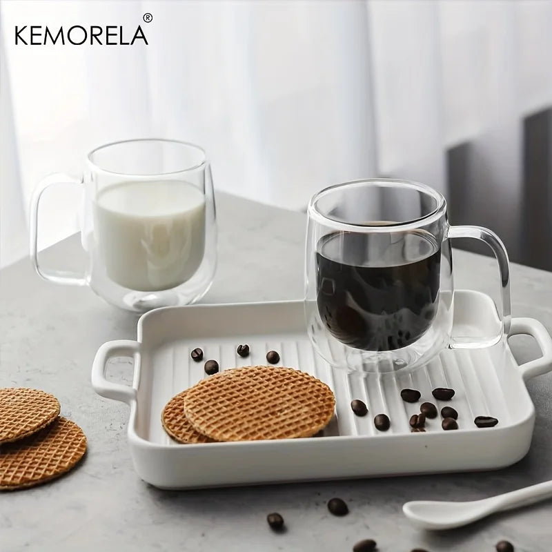 KEMORELA Double Wall Clear Glass Coffee Cup with Handle | 1-2 Pack