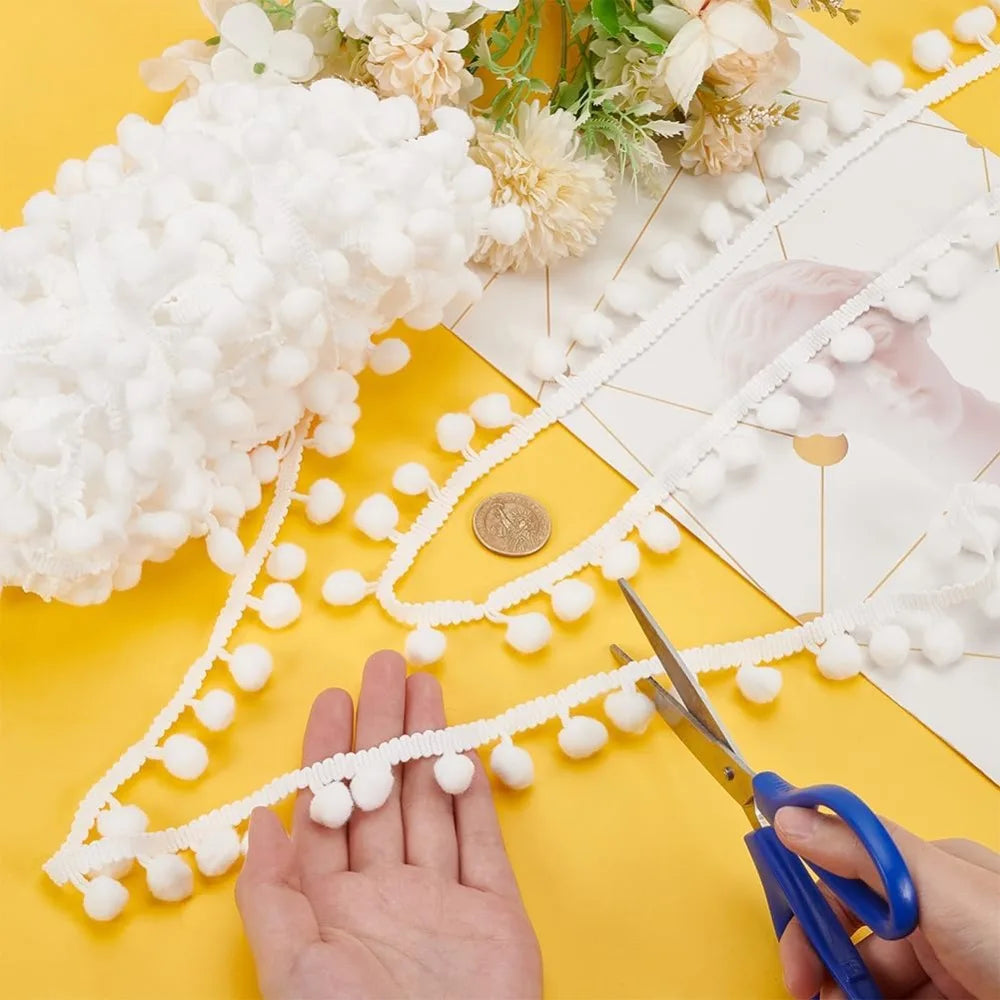 22 Yards White Pom Pom Ball Fringe Trim – 10mm Tassel Lace