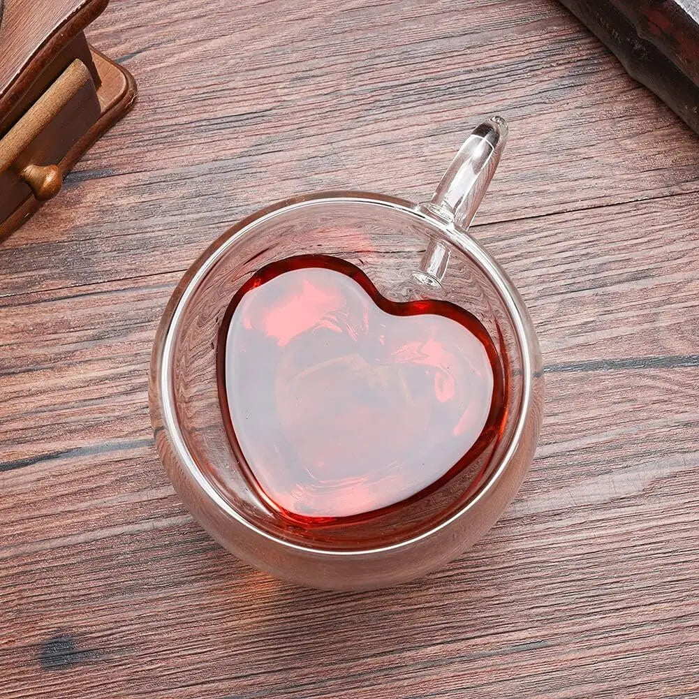 Heart Shaped Double Wall Glass Mugs Set of 4 – 240ml | KEMORELA