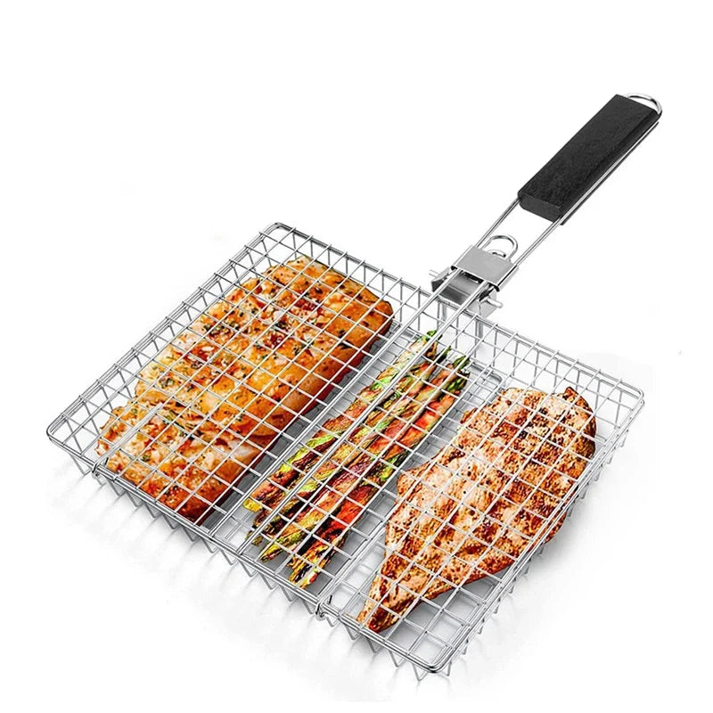 Folding Stainless Steel BBQ Grill Basket – Lockable, Large Grilling Surface, Includes Basting Brush & Storage Bag