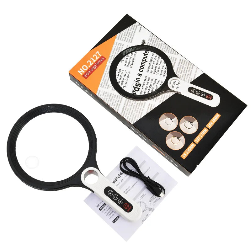 135mm LED Handheld Magnifying Glass – Tri-Color, 5–10x Zoom