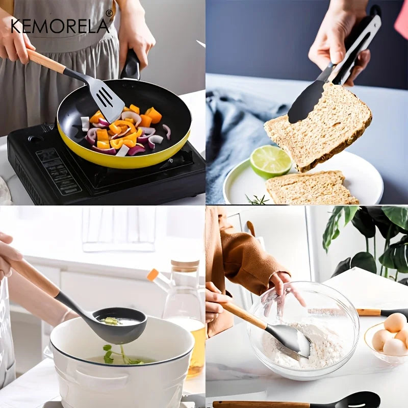 KEMORELA 30-Piece Silicone Cooking Utensil Set – Wooden Handles