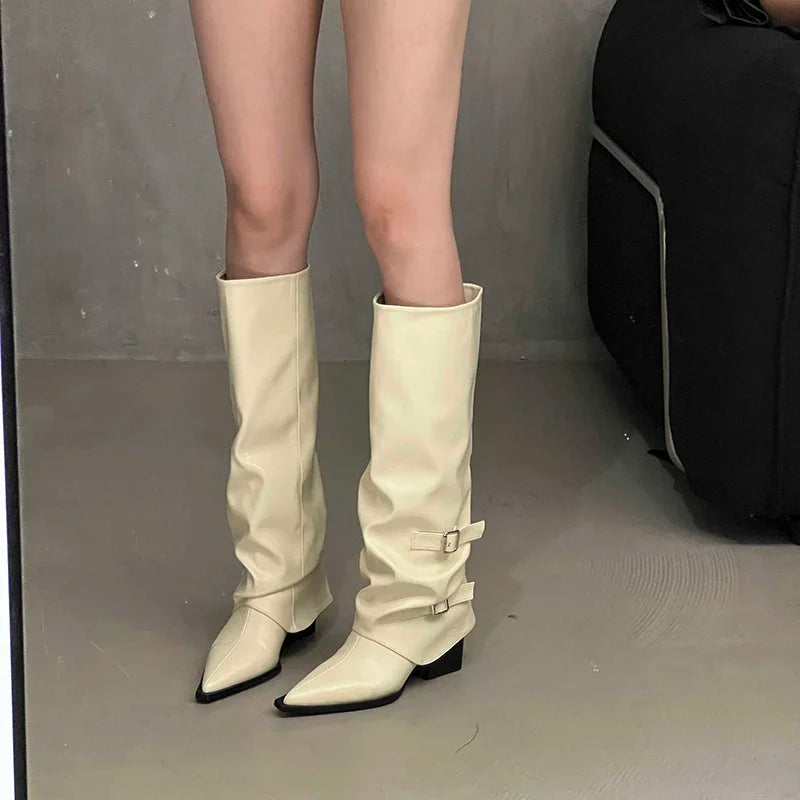 Women's Knee-High Knight Boots – Belt Buckle Chunky Heel